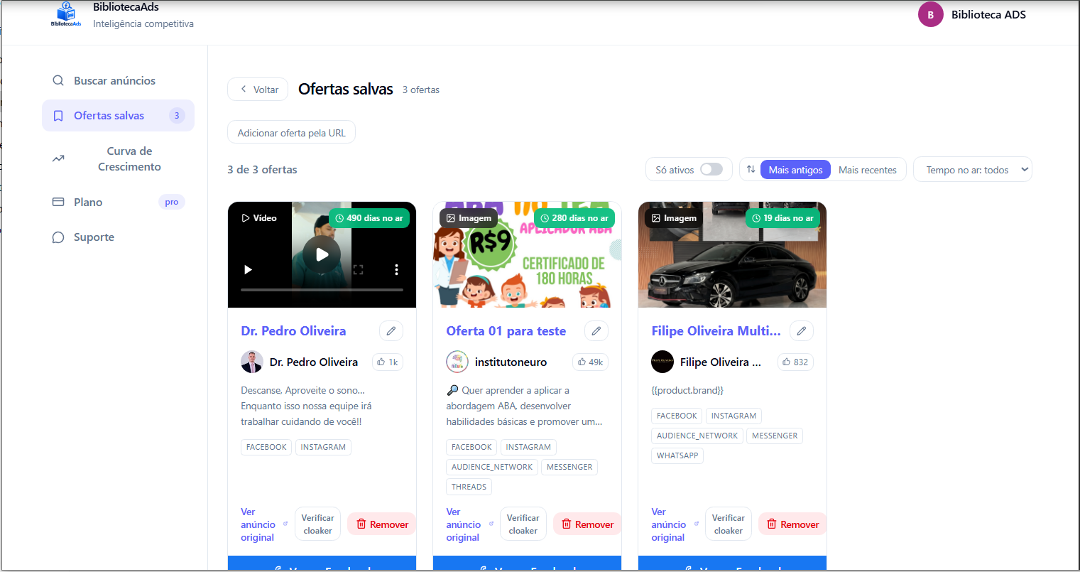 Print da aba Ofertas Salvas + card de anúncio no dashboard